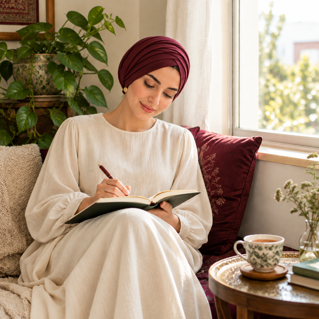 mujer con vestido y turbante que escribe en una libreta al lado de su café en elsalon