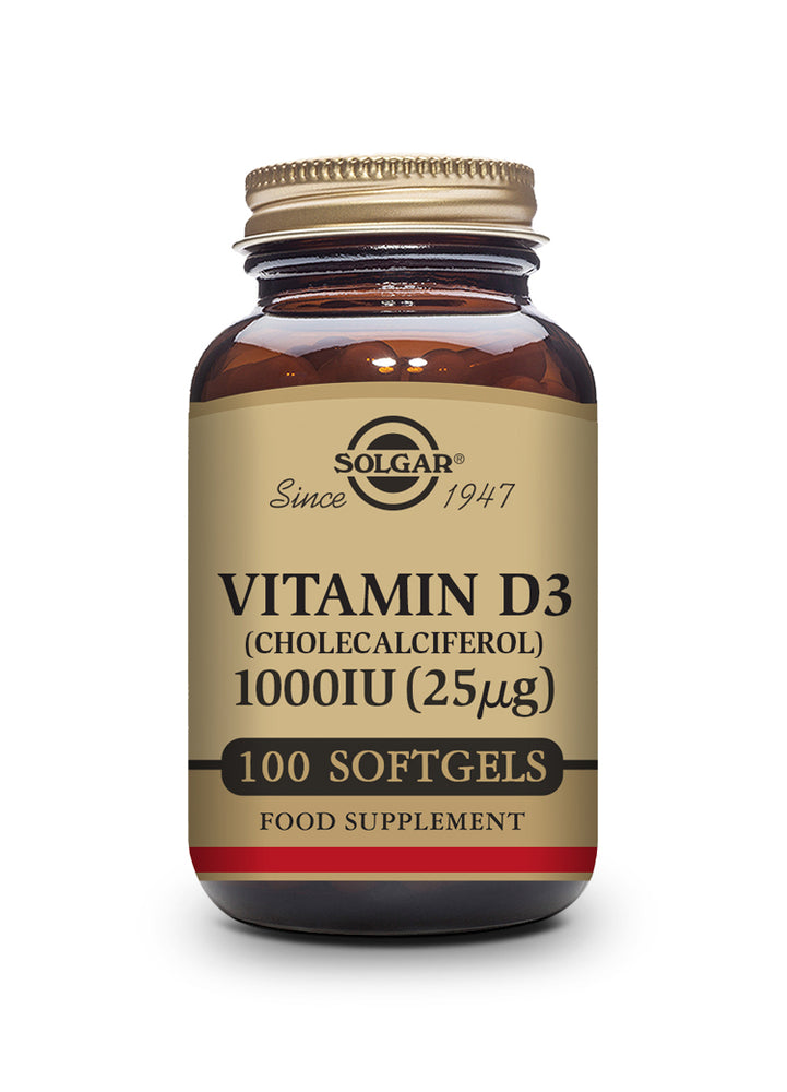 Vitamina D3 1000 UI (25 μg) (Aceite de Hígado de Pescado y Colecalciferol) - 100 cápsulas blandas - Solgar - Halalaya